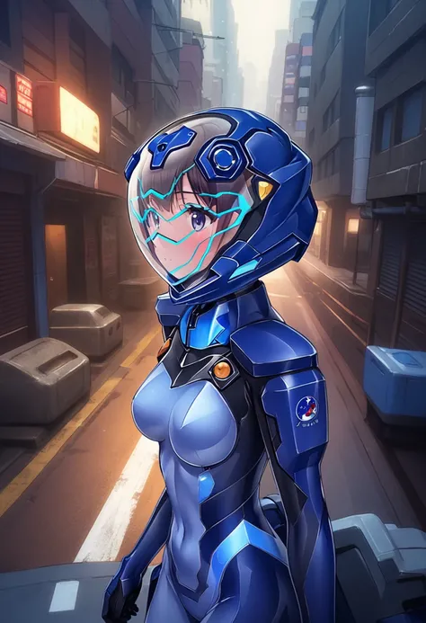 short hair, street, emo, BLACK hair, white eyes, eyeliner, apocalypse, (astronaut, girl, road, city, fortified suit, ((blue:1.5) plugsuit), short hair, outdoors, cinematic light, medium breasts, covered navel, space helmet, muvluv, space helm, eva helmet,[...