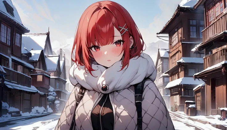 short hair, (Red hair:1.2), x Hair ornament, Red eyes,girl,One person,Highest quality, masterpiece, High resolution,winter、cold、