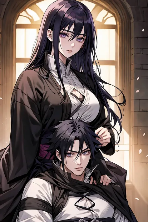 medieval romantic novel cover of a warrior man and a slave woman, ((1 male, sasuke uchiha)), ((1 female, hinata hyuga))