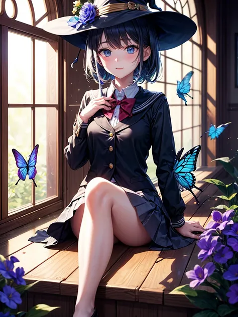 schoolgirl，witch，witchの帽子，Blue colored eyes、butterfly、flower，Short skirt，magic，Particle FX，The light from the window behind is backlit.，sat on the ground、Colored Glass、Complementary Color，Complex background，Best Quality，8k，Masterpiece: Faces are the focus