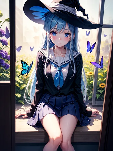 schoolgirl，witch，witchの帽子，Blue colored eyes、butterfly、flower，Short skirt，magic，Particle FX，The light from the window behind is backlit.，sat on the ground、Colored Glass、Complementary Color，Complex background，Best Quality，8k，Masterpiece: Faces are the focus