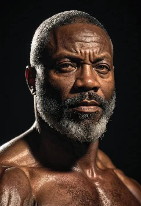 a muscular middle-aged black man with a beard, hyper-realistic, completely nude, ultra-detailed, hyper-realistic skin texture, striking facial features, intense gaze, dramatic lighting, chiaroscuro, cinematic composition, dark moody colors, dramatic shadow...