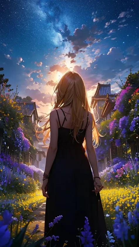 １people々々々々々々々々々々々々々々々々々,Blonde long-haired woman， camisole，silhouette， Rear View，Space Sky, Flower Field，Colorful flowers