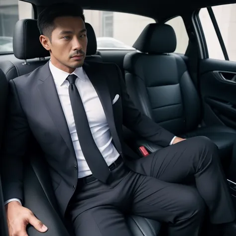 50 years old,One Man,Black Suit,Inside the car、squat、Tall dark-skinned man、Dark Asian face,muscle,Gay ,7:3 parting / all back,Stubble、Sitting with legs open、The crotch area is bulging、Stubble,Asian man&#39;s face,Hermes Belt。Black socks、View from the front