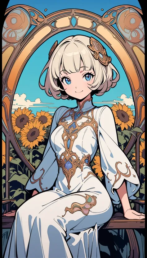 ((best quality)) , ((masterpiece)) , (detailed),A cute girl wearing a white dress and hat is sitting on a bench, smiling at me in front of a sunflower garden with a blue sky background. There is an open bus stop next to her. She has short hair and bangs ha...