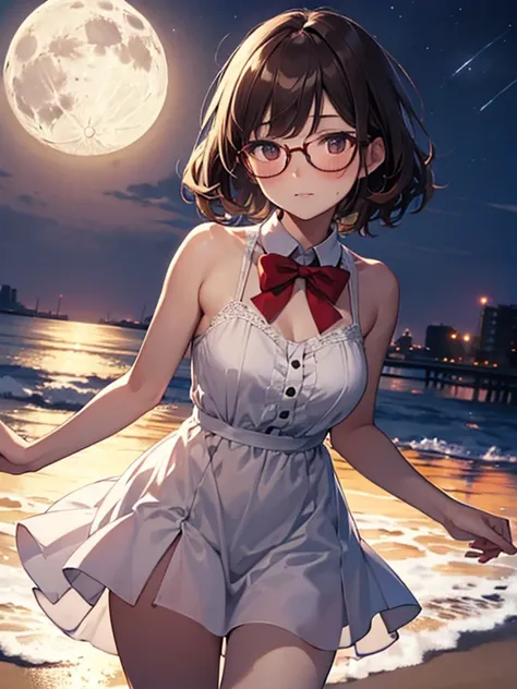 Moon, Red bow tie, Glasses, blush, Confession, (Moonlit Confession:1.5), The background is the seaside park, Night Dress, cute, Beauty, Shortcuts, Android 18, Brown Hair, (masterpiece), highest quality, 1girl, uhd, retina, masterpiece, ccurate, anatomicall...