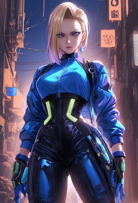 FULL HD FOTO REALISMO CINEMATIC GRAFICOS ULTRA REAISMO NOVA GERAÇÃO android 18 teen sexy  girl dbz with diamnte blue oversized clothing decote merging as a mechanic with robotic parts interspersed within his human form, dynamic pose wrench in hand, worksho...