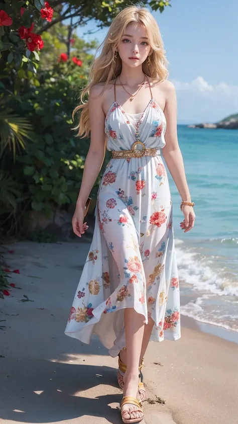 A free-spirited woman in her mid-twenties。Height: 170cm、supple figure。Long blonde beach waves、Blue Eyes。Tanned healthy skin。

clothing:
- Floral maxi dress（Red and blue floral pattern on white background）
- Brown leather sandals（flat）

accessories:
- Multi...