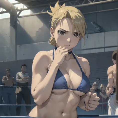 masterpiece, Highest quality, High resolution, One Girl, Hamriz, ponytail, Brown eyes,big , マイクロbikini、Cowboy Shot、Muscular body、blush、Sweat、Composition from the front、anime、(((Light blue bikini、Stand in front、audience、Shaking breasts、前かがみ、手は膝の上、 fully exp...