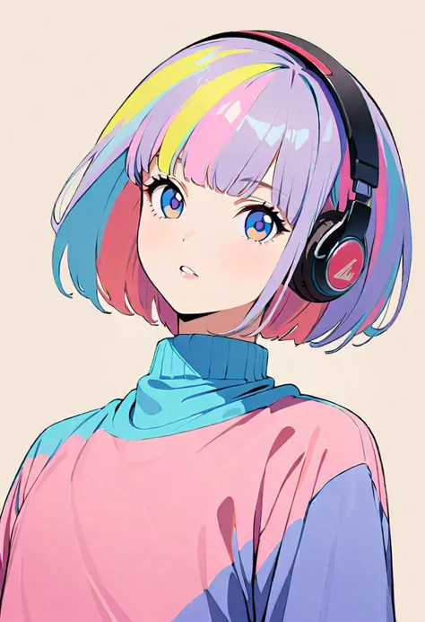 (Highest quality:1.2, City Pop Style, Very detailed, up to date, Vibrant, High Contrast, masterpiece:1.2, Highest quality, Best aesthetics), boy, ((Face Up Shot:1.4)), Colorful Hair, Bobcut, pastel colour, 1980s style, ((Retro, Vintage, Plain background))　...