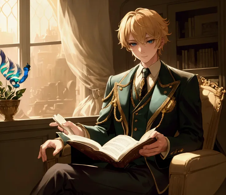 a young blond boy reading reference books in a large library, wearing a peacock-like flamboyant suit outfit, sitting on a chair by the window, sunlight shining through the window in a dark background, intricate details, hyperrealistic, photorealistic, 8k, ...