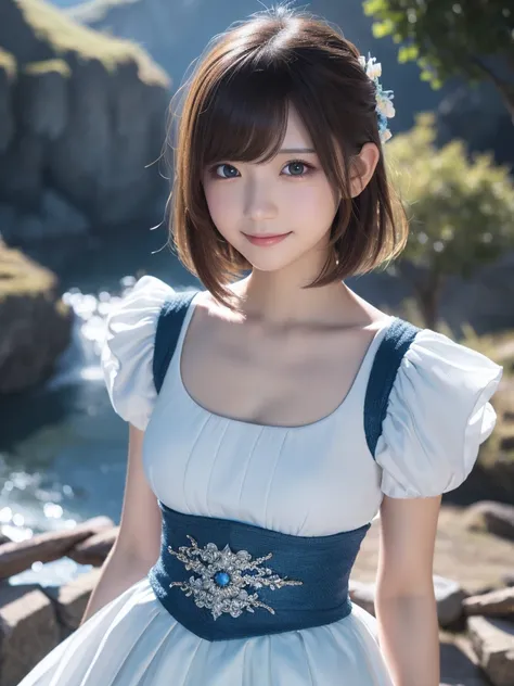 head shot,beautiful detailed eyes, droppy eyes,beautiful detailed lips, extremely detailed eyes and face, long eyelashes, 1japanese girl, fantasy character, (Final Fantasy, yuuna),smile,short hair,elegant white dress,break, blue long skirt,break,magical gi...