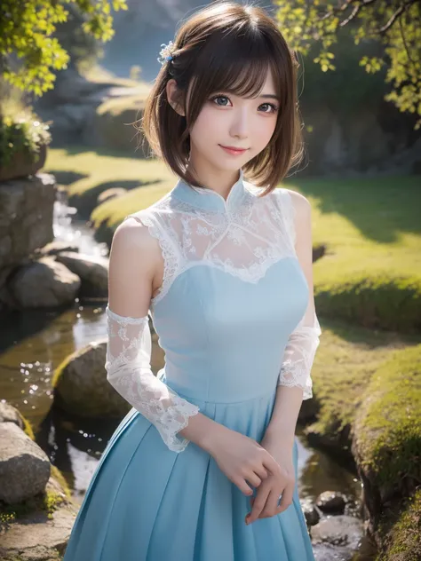 head shot,beautiful detailed eyes, droppy eyes,beautiful detailed lips, extremely detailed eyes and face, long eyelashes, 1japanese girl, fantasy character, (Final Fantasy, yuuna),smile,short hair,elegant white dress,break, blue long skirt,break,magical gi...