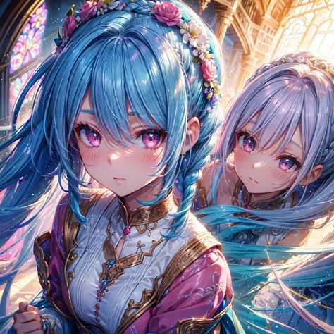 Sky blue hair, (Braided Ponytail),(Pink Eyes),Fair skin ,(whole body),(1 girl),bride,blush,Straight bangs, 6月のbride,Wedding dress,(masterpiece, Highest quality, Very detailed, Best Shadow), (Detailed Background), (Beautifully detailed face), High Contrast,...