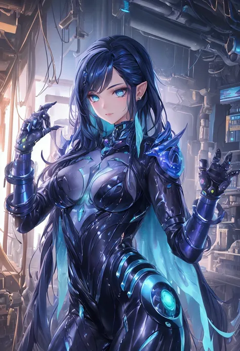 FULL HD FOTO REALISMO CINEMATIC GRAFICOS ULTRA REAISMO NOVA GERAÇÃO Athena + Alita  teen sexy  girl elf with diamnte blue oversized clothing decote merging as a mechanic with robotic parts interspersed within his human form, dynamic pose wrench in hand, wo...