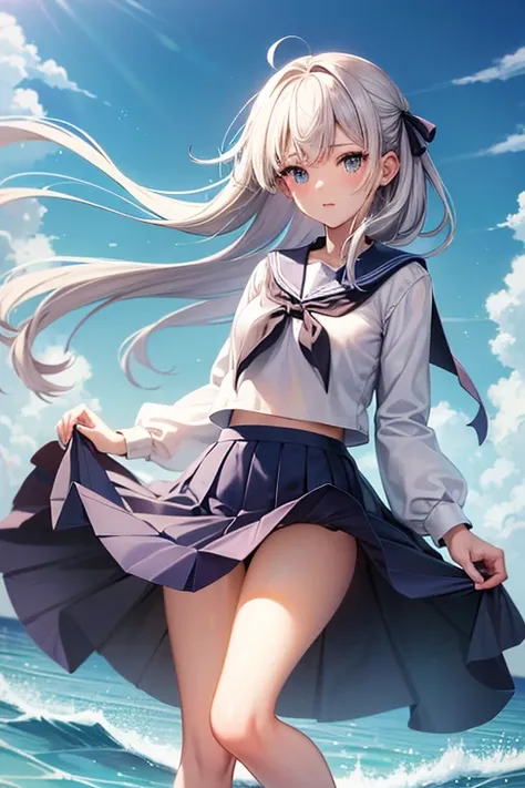 (master_piece, high_quality, beautiful, super delicate, absurdres:1.2), 1girl, mature, 16 years old, beautiful face, ahoge, hair fluttering in the wind, white hair, blue eye, (long sailor suit, long skirt, The wind is blowing, Skirt flipped up, I can see y...