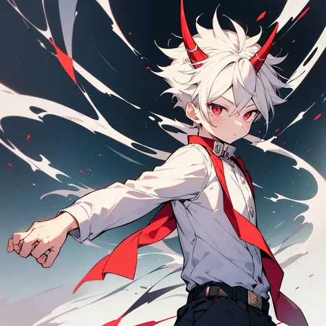 Boy version of Eri in my hero academia, he have white short hair with red eyes he is a 7 years old boy, he have a little horn on his right side of his head and he wear a simple white shirt with short and he is solo