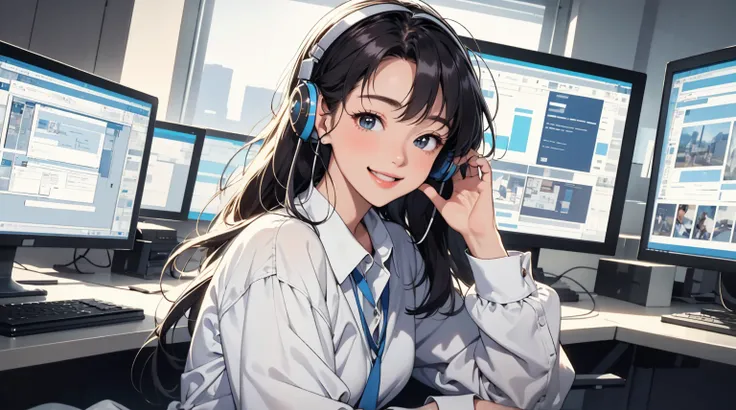 official art, unity 8k wallpaper, ultra detailed, beautiful and aesthetic, beautiful, masterpiece, best quality, woman，(1 person),With a smile, Wearing headphones, She expressed her joy, Beautiful and smiling, Laugh gently, Cute Smile, 美しいWith a smile, Hap...