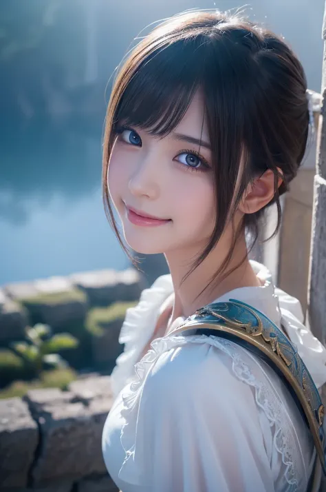 head shot,beautiful detailed eyes, droppy eyes,beautiful detailed lips, extremely detailed eyes and face, long eyelashes, 1japanese girl, fantasy character, (Final Fantasy, yuuna),smile,short hair,elegant white dress,break, blue long skirt,break,magical gi...