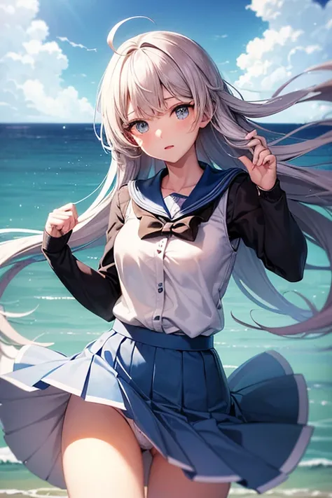 (master_piece, high_quality, beautiful, super delicate, absurdres:1.2), 1girl, mature, 16 years old, beautiful face, ahoge, hair fluttering in the wind, white hair, blue eye, (long sailor suit, long skirt, The wind is blowing, Skirt flipped up, I can see y...