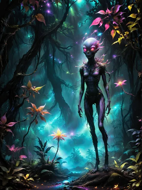 （best quality，8k，high resolution，masterpiece：1.2），super detailed，alien forest，harsh environment，(((dark night background，恐怖的外星da...