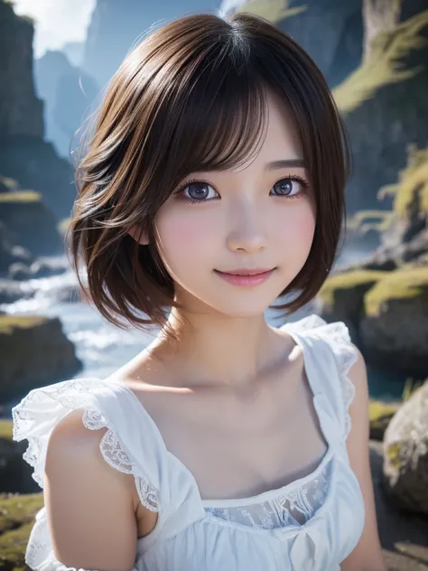 head shot,beautiful detailed eyes, droppy eyes,beautiful detailed lips, extremely detailed eyes and face, long eyelashes, 1japanese girl, fantasy character, (Final Fantasy, yuuna),smile,short hair,elegant white dress,break, blue long skirt,break,magical gi...