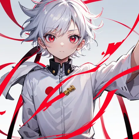 Boy version of Eri in my hero academia, he have white short hair with red eyes he is a 7 years old boy, he have a little horn on his right side of his head and he wear a simple white shirt with short and he is solo