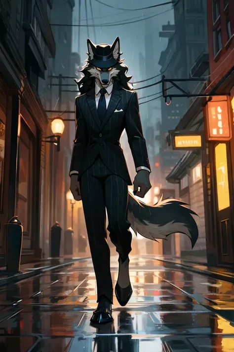 furry, anthro, wolf, wolf ears, fluffy wolf tail, (grey and white fur), long black curly hair, messy fur, neck floof, sharp yellow eyes, razor sharp teeth, slim body, handsome, sexy, slender, wearing a black wide brimmed hat, pinstripe suit and black dress...