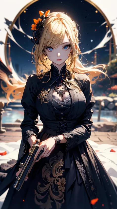 masterpiece, high quality, 4K, Beautiful design, silhouette，blonde， 非常に詳細な夜のStarry Sky,Flower Field， wonderful, Finer details,  Very knowledgeable woman, Highly detailed solo, 1 female,Big Breasts，Gothic Lolita Fashion，２Hold a gun in front of your chest.，N...