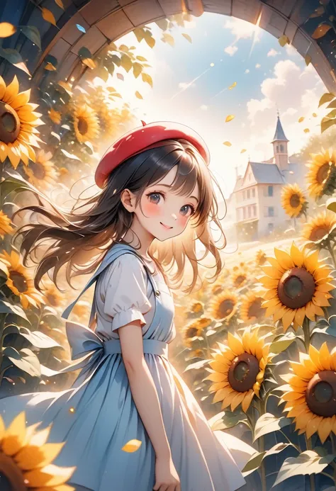 , ((beret)), solo, yellow hair, long hair, light blue pinafore, smile, blue sky, in a sunflower field, (surrounded by sunflowers), wind, petals, hand on own head, ((tareme)), (watercolor style), volumetric light, (pastel color style), anime, (masterpiece, ...