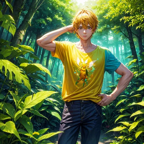 a male in a yellow forest, wearing a summer t-shirt, bug effect,glowing highlights,fantasy,magical,surreal,colorful, front potrait, medium shot