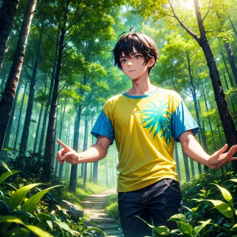 a male in a yellow forest, wearing a summer t-shirt, bug effect,glowing highlights,fantasy,magical,surreal,colorful, front potrait, medium shot