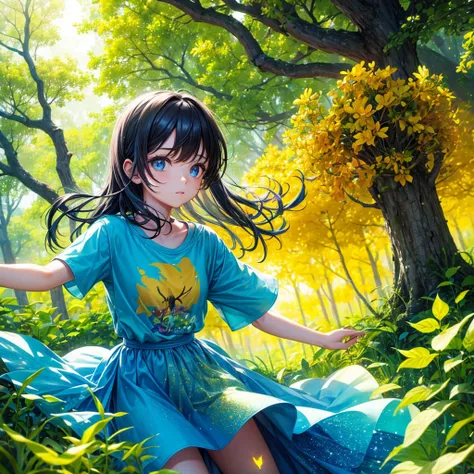 a girl in a yellow forest, wearing a summer t-shirt, bug effect,glowing highlights,fantasy,magical,surreal,colorful, front potrait, medium shot