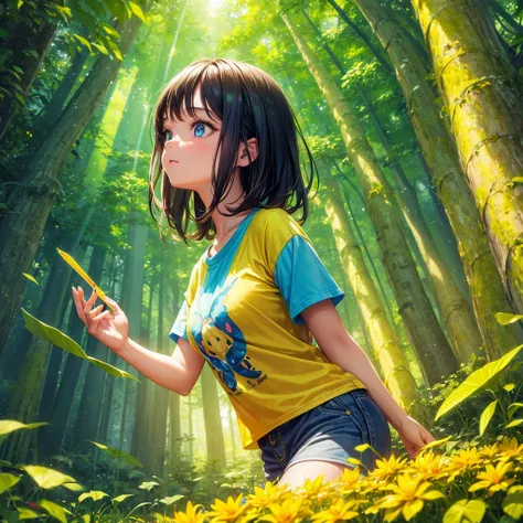 a girl in a yellow forest, wearing a summer t-shirt, bug effect,glowing highlights,fantasy,magical,surreal,colorful, front potrait, medium shot