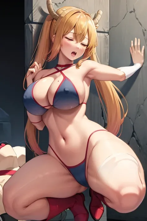 masterpiece, best quality, beautiful art, high resolution, well formed hands, body and fingers, 1 woman, solo, Tohru  , 31 years old, full body picture, grown up, adult, large and rounded breasted, cleavage, hair ornament, wearing a Tyris Flare outfit ,  w...