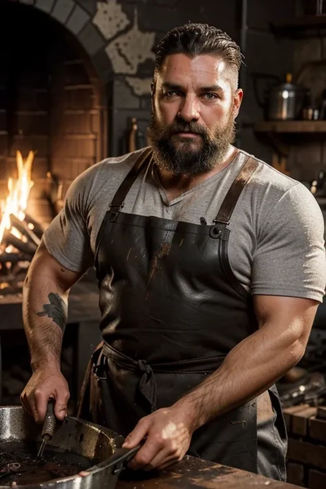 I want a very masculine man, stocky 40 years old, with beard and silver hair, forging in a forge, being very hot and stained with soot, with a leather apron, forging something brilliant and valuable