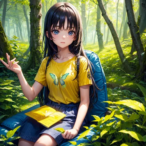 a girl in a yellow forest, wearing a summer t-shirt, bug effect,glowing highlights,fantasy,magical,surreal,colorful, front potrait, medium shot