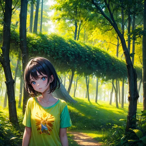 a girl in a yellow forest, wearing a summer t-shirt, bug effect,glowing highlights,fantasy,magical,surreal,colorful, front potrait, medium shot