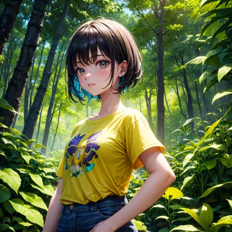 a girl in a yellow forest, wearing a summer t-shirt, bug effect,glowing highlights,fantasy,magical,surreal,colorful, medium shot