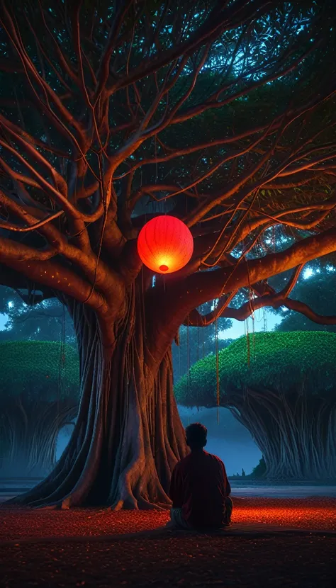 Ancient banyan tree with hanging balls, emitting a red glow.
A man, sitting under a banyan tree at night, with a sad expression, holding a red glowing ball in his hand, his eyes staring into space, looking straight at the camera.
Digital photo, artstation,...