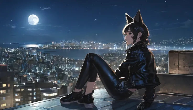 A girl, cat ears, leather jacket, is sitting on the edge of a rooftop at night. The city lights are shining behind her, and the moon is reflected on the sea. unaware of the camera that is capturing this moment.