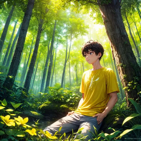 a boy in a yellow forest, wearing a summer t-shirt, bug effect,glowing highlights,fantasy,magical,surreal,colorful, medium shot