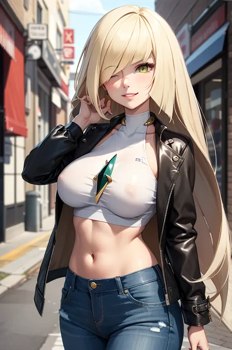 (Masterpiece), Best Quality, ultra-detailed, 1girl (lusamine, Slender and sexy body, Big and pretty breasts, blonde_hair, very long hair (hair over one eye:1.3), yellow eyes, half-closed  eyes), a  seductive face,  wicked smile, parted lips, solo, black le...