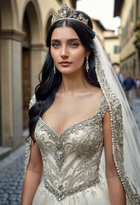 (full body shot) photorealistic image of a bride, ultrarealistic, long black hair, woman, 24 years old, blur background, she is wearing a beautiful medieval style wedding dress studded with stones and diamond tiara, is posing in a Florence street, intricat...