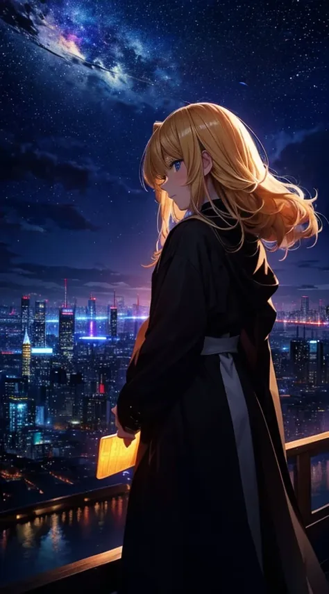 １people々々々々々々々々々々,blonde long-haired woman，long coat， dress silhouette， rear view，space sky, comet, anime style, city night view...