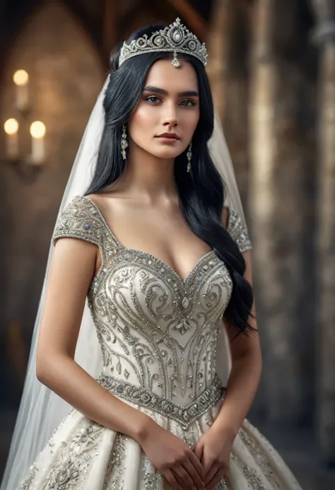 (full body shot) photorealistic image of a bride, ultrarealistic, long black hair, woman, 20 years old, blur background, she is wearing a beautiful medieval style wedding dress studded with stones and diamond tiara, is posing in a studio, perfect lighting,...