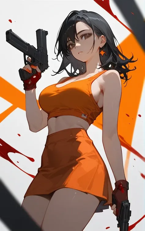 girl with long black hair, big breasts, very sexy legs, short orange skirt, orange tank top, beauty black eyes, holding a gun, she is standing, blood in a head