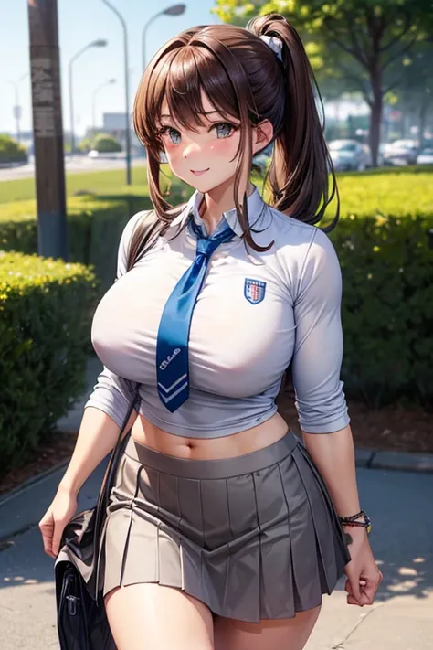 Pretty young girl, brown hair,beautiful long low ponytail hairstyle, ((tight grey skirt and tight white sportjacket)) , short sleeve,,(slouch),(reisalin stout),(wide muscles),((sexy voluptuous body),((sexy body view)),(walking at school backyard),((sexy bo...