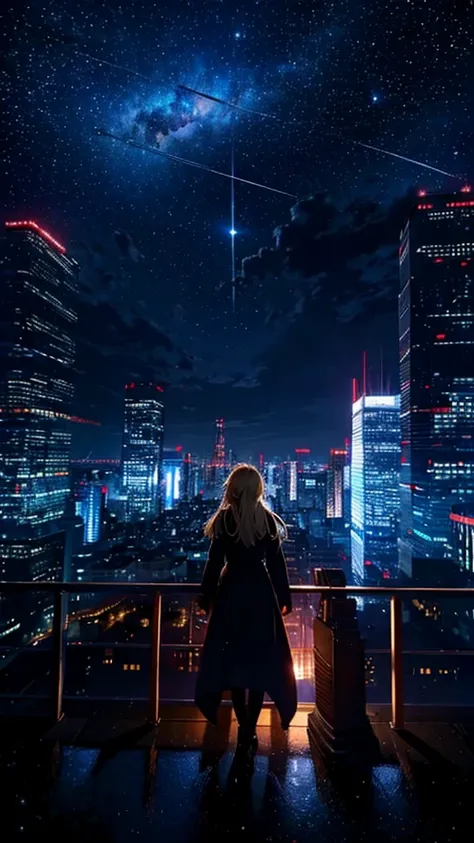 １people々々々々々々々々々々々々々々々々,Blonde long-haired woman，Long coat， Dress Silhouette， Rear View，Space Sky, comet, Anime Style, City night view from the rooftop，A pillar of light stretching into space，Destroyed city，