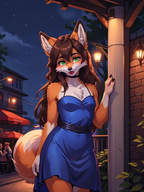 Best quality, furry male fox with green eyes, with brown long hair, with black spout, with red lipstick on lips, big lips, in a blue dress, crossdressing, shy, portrait, shoulder-high, sexy pose, stands seductively against the backdrop of a night park